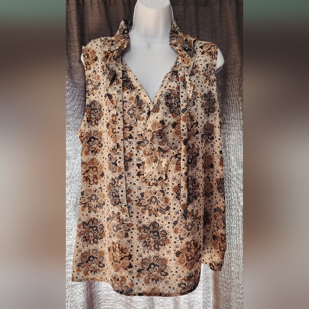 Floral Ruffle Tie Neck Mixed Media Shell